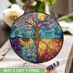 Four Seasons Tree Stained Glass, Nature Hobby, Spiritual Decor, Housewarming Occasion, Gardener Friend Gift, Religious Art For Home