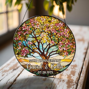 Personalized Tree of Life Anniversary Suncatcher With Name & Date, Custom 50th Wedding Anniversary Stained Glass Gift For Parents