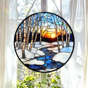 Winter Stained Glass Suncatcher, Snow Window Hanging, Cozy Winter Season Home Decoration Gift