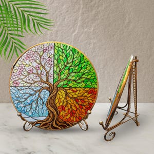 Tree of Life Suncatcher Stained Glass, Four Seasons Window Hanging, Mothers Day Gift, Home Decor Art, Anniversary Present for Wife Mom