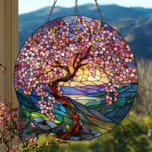 Cherry Tree: Stained Glass Style Suncatcher, Decor Gift for Nature Lover, Vibrant Sunlit Window Decor, Fantasy Nature Style, Gift for Her