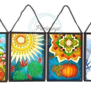 Four Seasons glass wall art, window hanging Mandala Suncatcher, hand painted stained glass