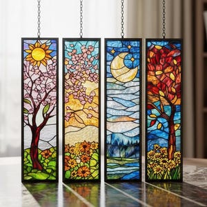 BUY 1 GET 4 - Set Four Seasons Faux Stained Glass Acrylic Window Panel, Colorful Landscape Hanging Decor Gift for Nature Lovers, Home Accent