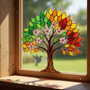 Wavy Acrylic Tree of Life Suncatcher, Four Seasons Window Decor, Colorful Tree with Flowers Art, Nature Lover Gift, Unique Home Wall Decor