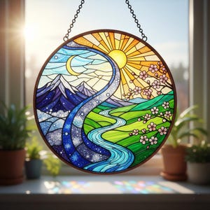 Four Seasons Stained Glass Suncatcher, Day and Night Landscape Window Hanging, Mount Fuji Wall Art, Nature Rainbow Maker,Zen Home Decor Gift