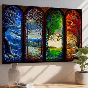 Four Seasons Stained Glass Style Tempered Glass Wall Art – Nature Inspired Decor