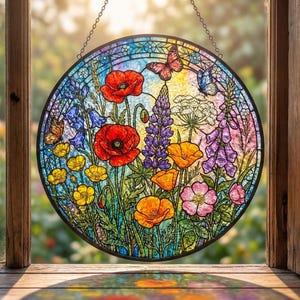 Custom Wildflower Stained Glass Suncatcher – Spring Floral Window Hanging with Butterfly – Personalized Garden SunCatcher Decor