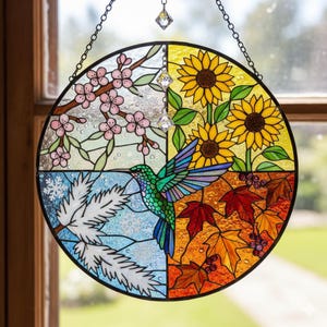 Four Seasons Hummingbird Stained Glass Suncatcher,Tree of Life Window Hanging, Sunflower & Cherry Blossom Decor,Year Round Housewarming Gift