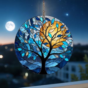 Tree Of Life Moon Suncatcher Blue Gold Window Hanging Celestial Night Sky Home Decor Nature Inspired Gift