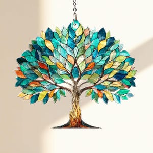 Tree Of Life Acrylic Suncatcher, Colorful Leaves Window Hanging, Stained Glass Style Sun Catcher, Nature Home Decor, Spiritual Gift