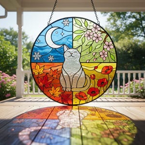 Four Seasons Cat Stained Glass Suncatcher, Cherry Blossom Poppy Maple Snowflake Window Decor, Cat Lover Gift, Yearly Cycle Garden Wall Art