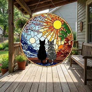 Four Seasons Stained Glass Suncatcher, Two Cats on Deck Window Hanging, Cat Lover Gift, Seasonal Wall Art Decor, Housewarming Gift for Her