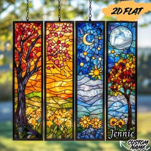 55% OFF Set 4 Floral Landscape Four Season Inspired ACRYLIC Suncatcher Panel Set, Faux Stained Glass Window Hanging, Home Decor Gift for Mom