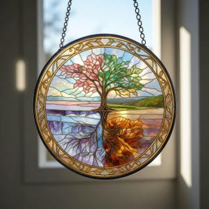 Tree of Life Suncatcher: Four Seasons Stained Glass Style Window Hanging